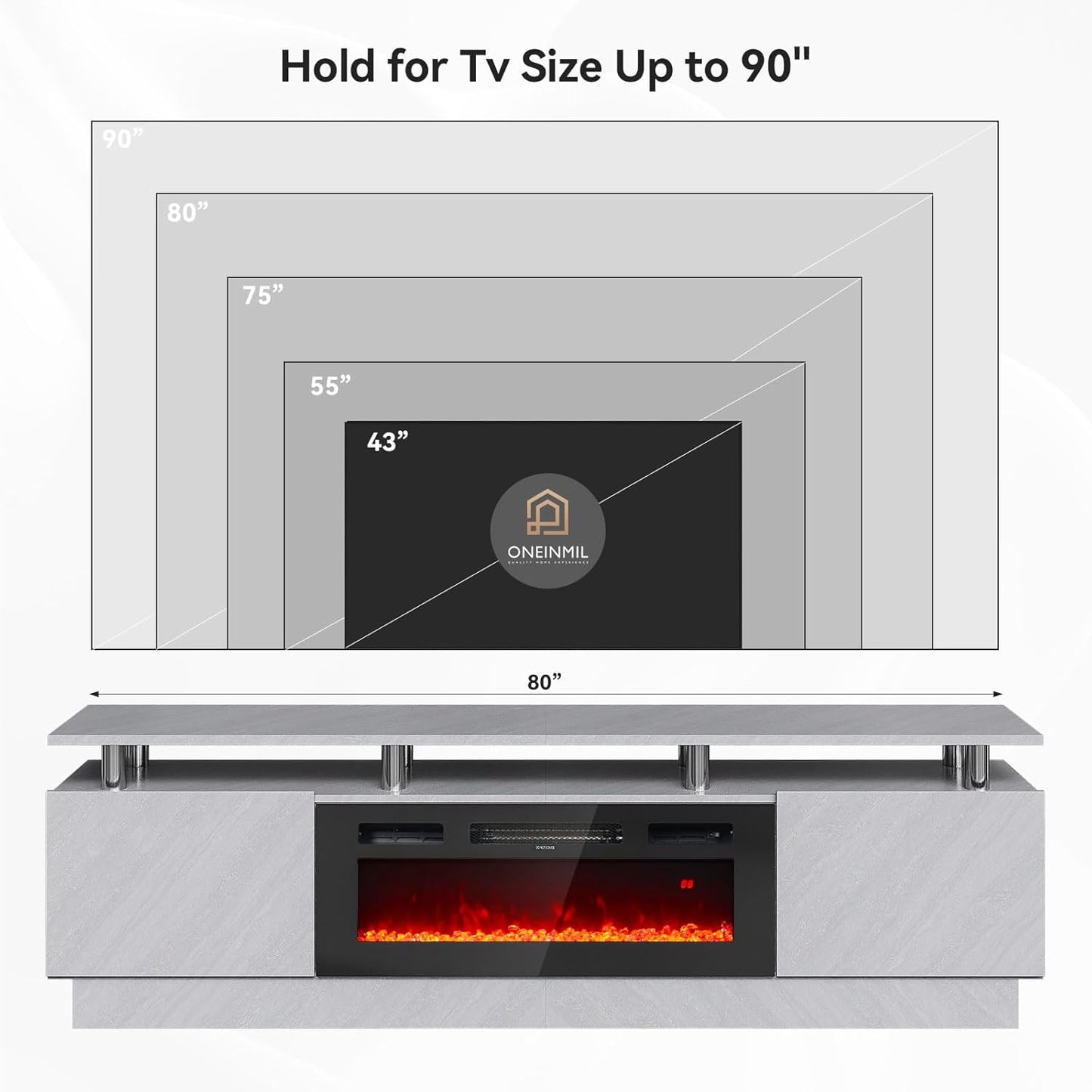 80" TV Stand & Entertainment Center, Media Console with Storage Cabinet, Fits TVs up to 90", Modern Living Room Furniture, 36" Electric Fireplace (Grey+Black)