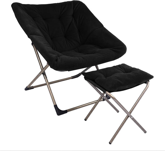 Kokel Plush Folding Chair and Ottoman Padded Metal Frame Living Room Chair (BLACK-TM20)