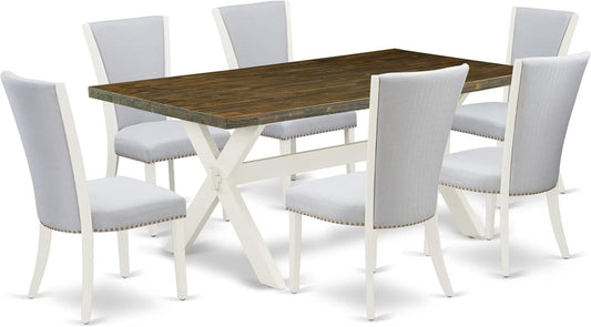 East West Furniture X077VE005-7 7 Piece Dining Table Set Consist of a Rectangle Dining Room Table with X-Legs and 6 Grey Linen Fabric Parsons Chairs, 40x72 Inch, Multi-Color
