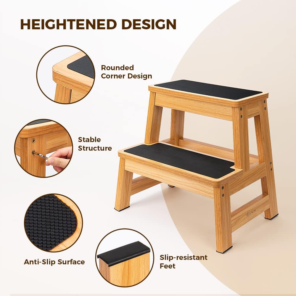StrongTek Wood Step Stool for Adults and Kids, 17 Inch Tall, Non-Slip Step Surface, Heavy Duty, Two Step for Kitchen, Bed, Bathroom, 500 lbs Capacity