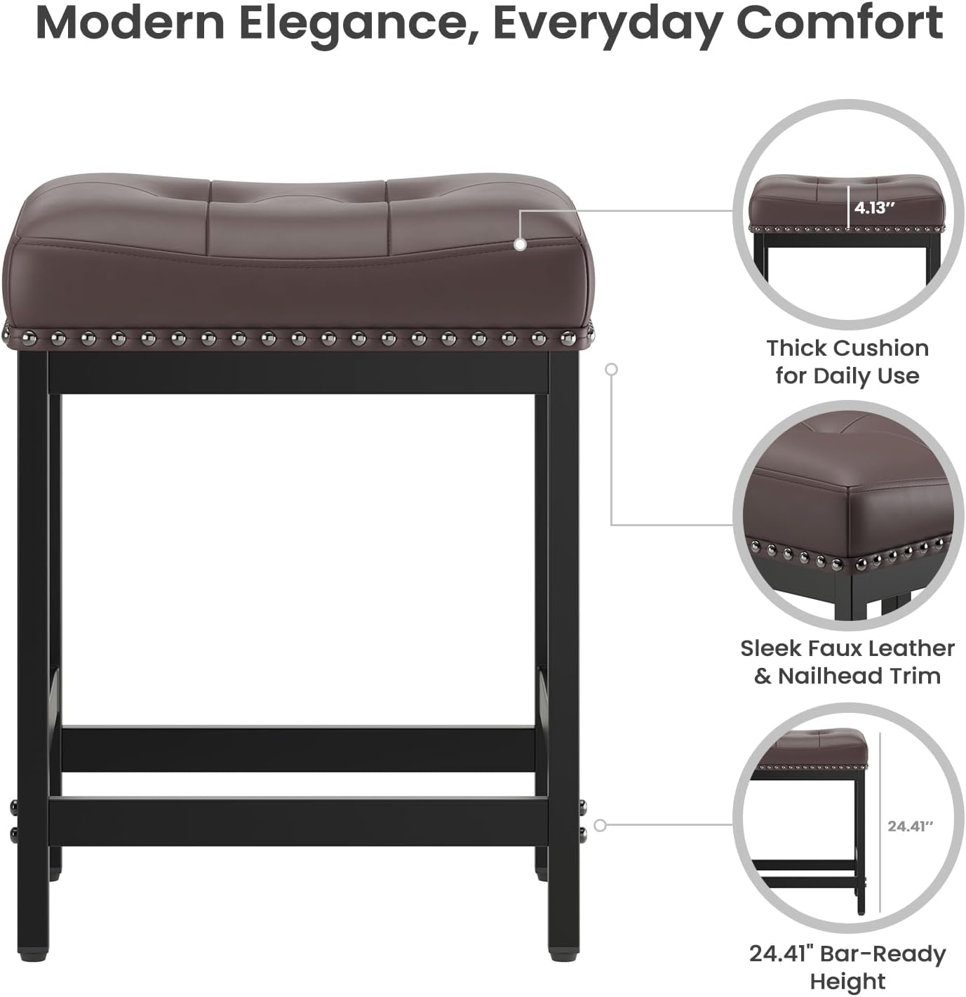 MALOL Set of 6 Saddle Bar Stools Counter Height 24.4”, Backless Barstools for Kitchen Island, Modern PU Leather Cushioned Seat, Bar Chairs for Kitchen Counter, Breakfast Bar Stools for Home,Brown