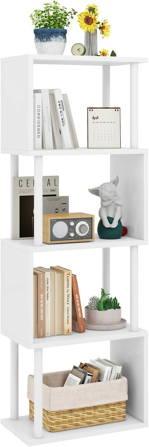 IBUYKE 5-Tier Tall Bookshelf,S-Shaped Geometric Bookcase, Wood Display Shelves with Storage,Modern Bookshelf for Living Room Bedroom, Home Office, White WBC015W