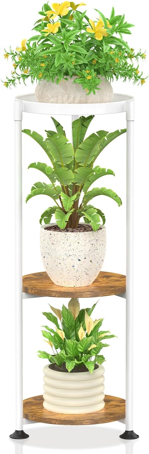 KMOTASUO 3 Tier White Plant Stand Indoor for Large Tall Heavy Duty Planter, Multiple Sturdy Metal Flower Corner Rack for Narrow House Floor, Iron Vertical Level Round Orchi Holder Organizer, Modern