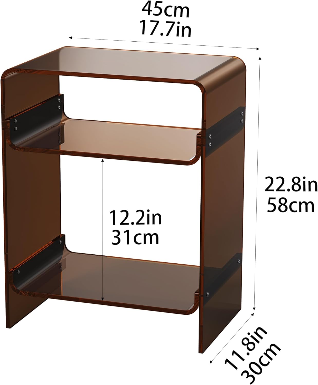 Acrylic Record Player Table with Storage Shelf, Clear Side Table Nightstand (Dark Brown)
