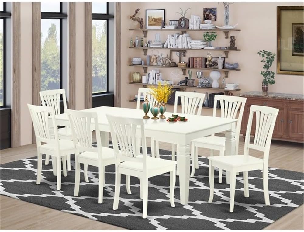 East West Furniture LGAV9-LWH-W 9 Piece Dining Room Furniture Set Includes a Rectangle Kitchen Table with Butterfly Leaf and 8 Dining Chairs, 42x84 Inch, Linen White