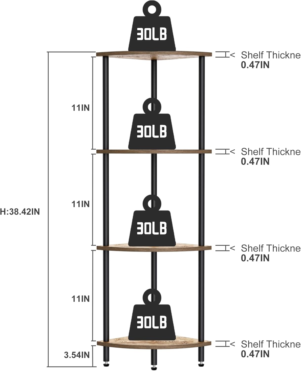 4 Tier Corner Shelf, Bookcase for Small Spaces, Corner Display Shelf, Plant Stand, Rustic Brown and Black,Suitable for Bedroom,Living Room,Kitchen