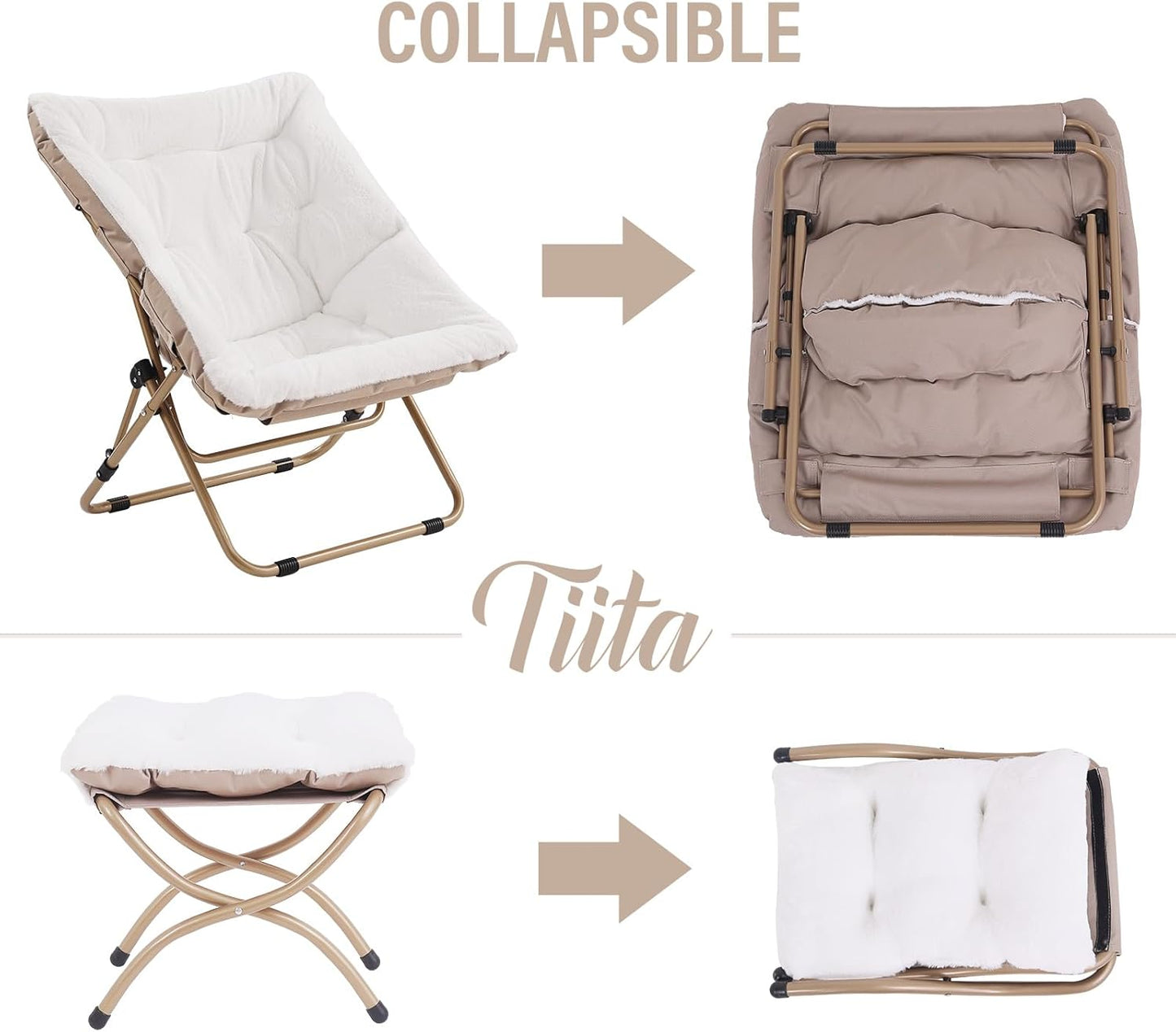 Tiita Folded Chair with Ottoman, Soft Faux Fur Oversized Folding Accent Chair,Lounge Lazy Chair, Metal Frame Moon Chair for Bedroom, Living Room, Dorm Rooms, Garden and Courtyard