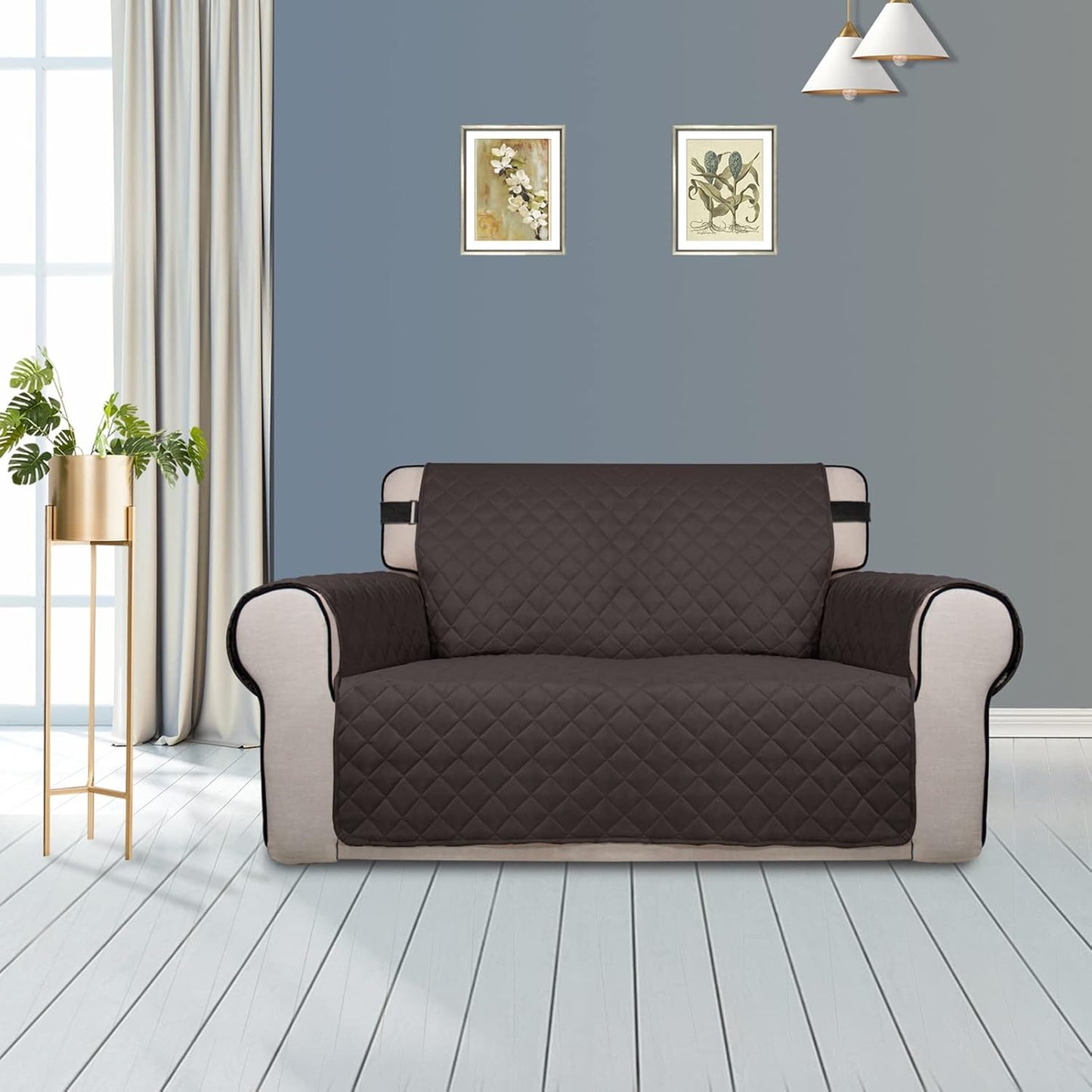 PureFit Reversible Sofa Cover Water Resistant Loveseat Couch Cover, Machine Washable Furniture Cover with Non-Slip Foam and Adjustable Strap for Dogs, Pets (Loveseat, Chocolate/Beige)
