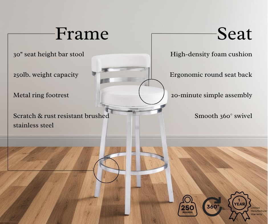Armen Living Madrid 30" Seat Height Swivel White Faux Leather and Brushed Stainless Steel Bar Stool for Kitchen Island Counter