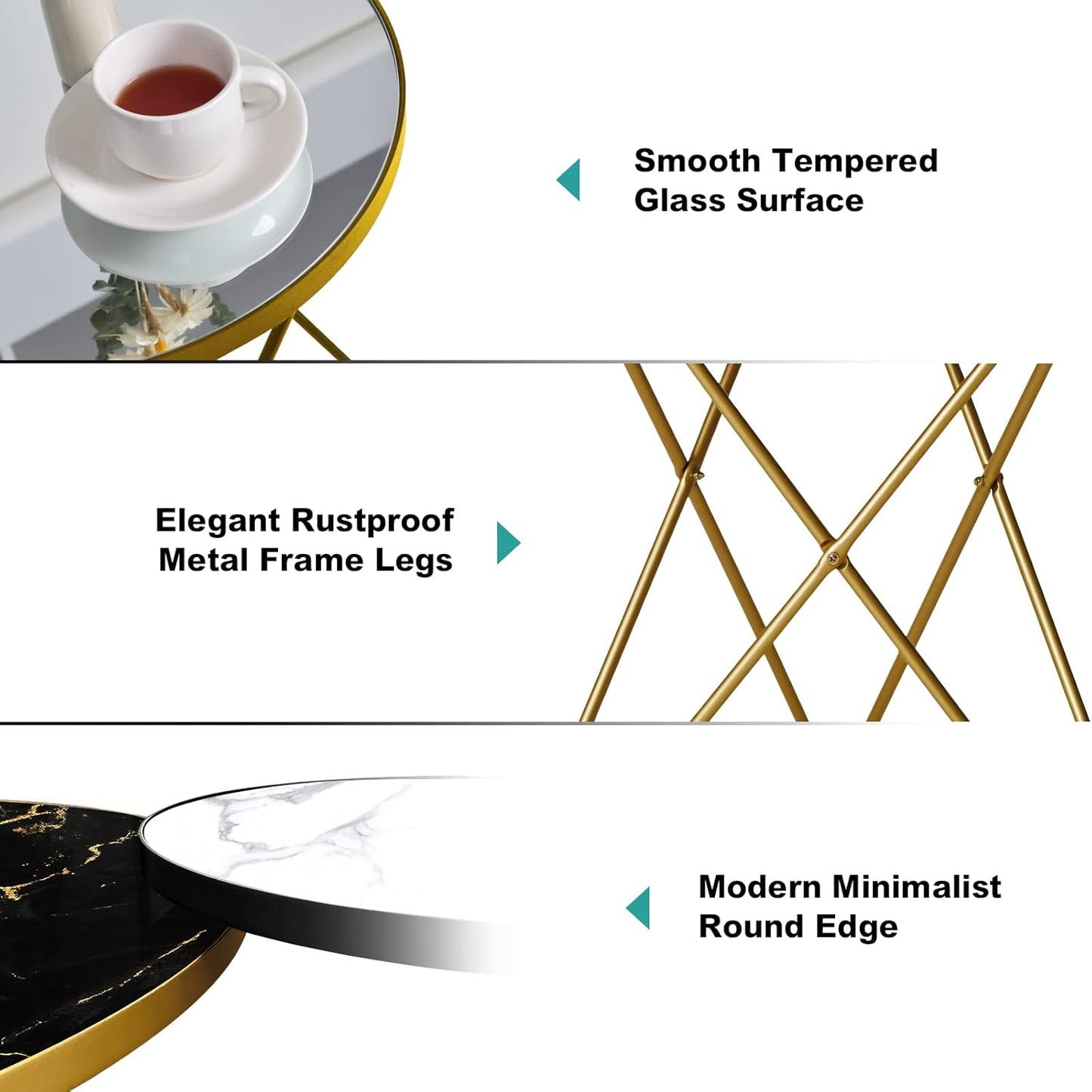 HLR Modern Round Side Table, End Table with Marble Effect Top and Gold Metal Frame, Small Side Table for Living Room, Bedroom, Sofa and Couch, Gold Legs, Mirror top