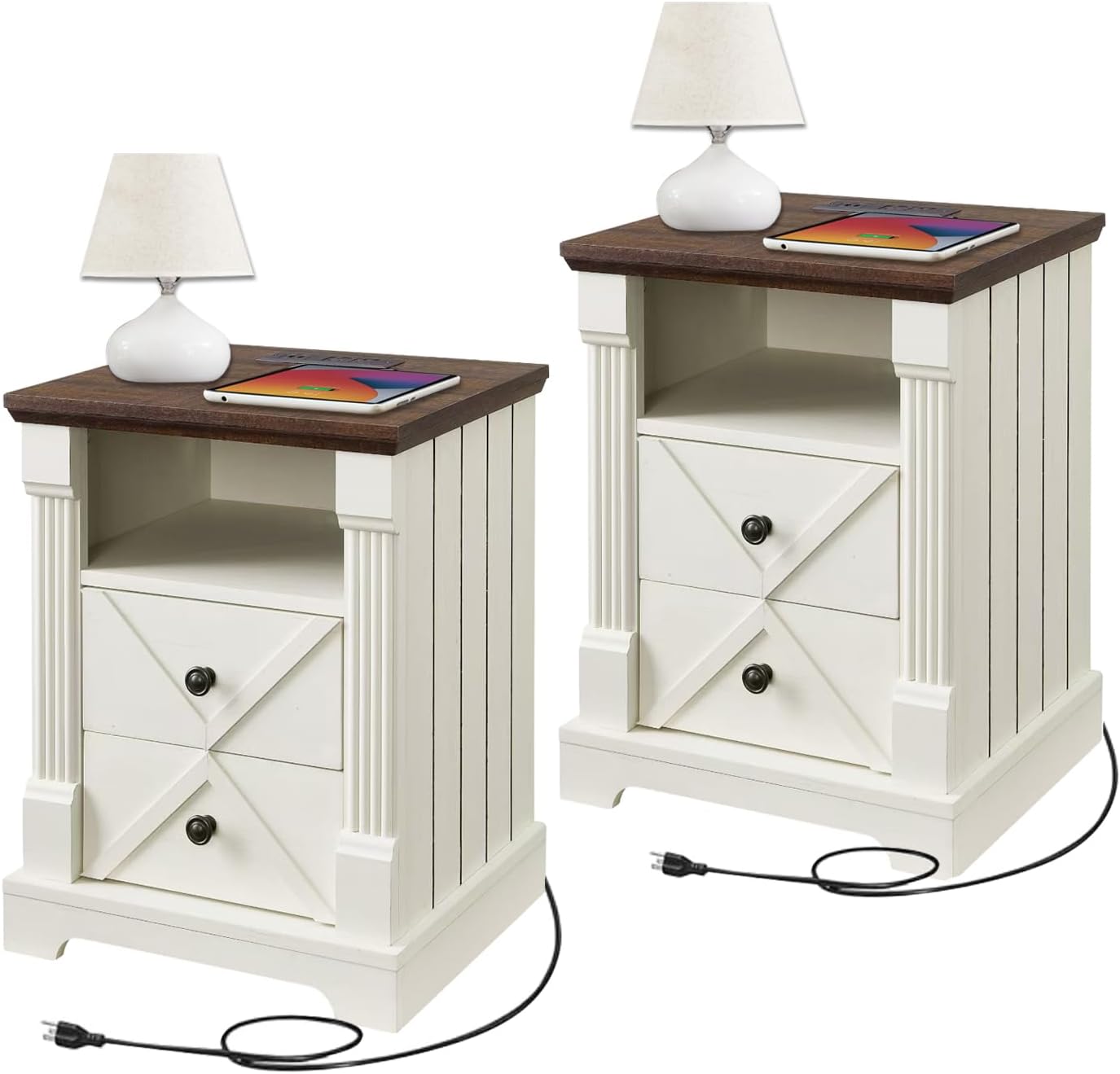 Farmhouse White Night Stand Set of 2, 18" Nightstand with Charging Station, Wood Rustic End Table, Roman Column Design, Modern Design Bedside Cabinet for Bedroom,Home, Antique White