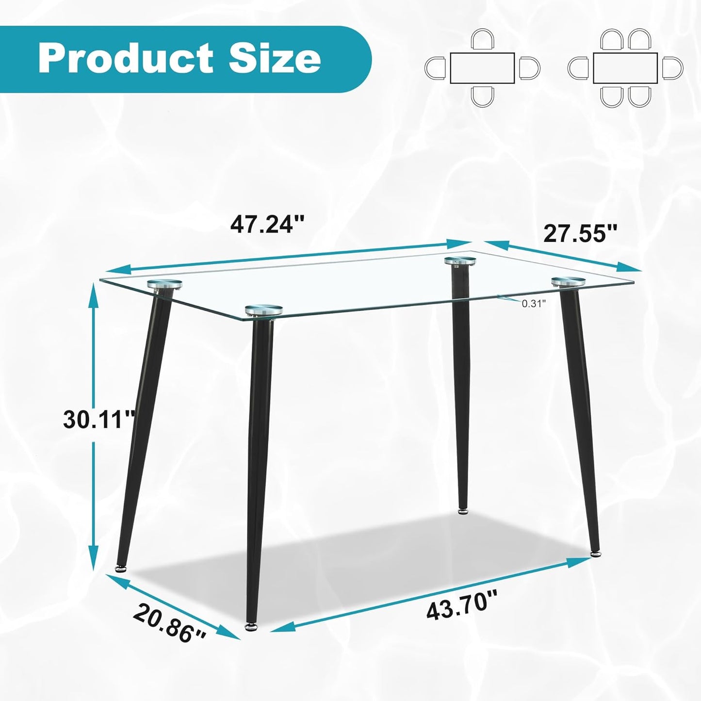 Dining Table for 6 Kitchen Table 47.2" Rectangular Modern Glass Dining Table Kitchen & Dining Room Tables with Glass Tabletop and Metal Legs for Dining Room and Kitchen, Black