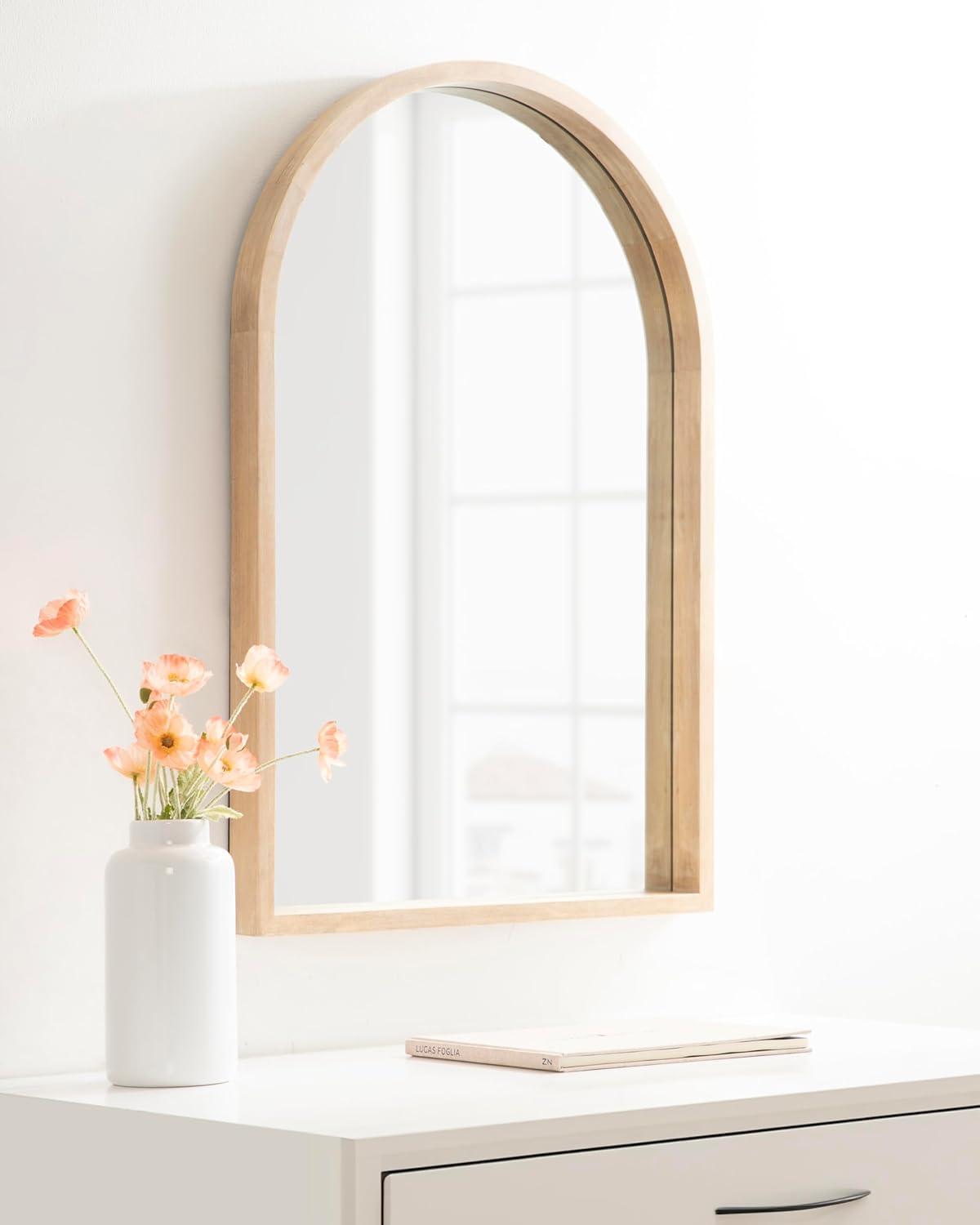 Kate and Laurel Hutton Modern Wood Arched Mirror; 24 x 36; Natural Wood; Decorative Transitional Large Arch Mirror with Deep Profile for Use as Bathroom Mirror for Over Sink