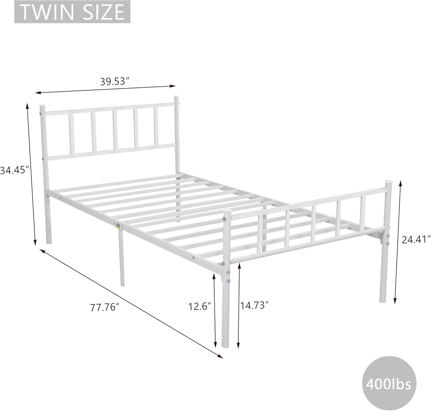 Metal Platform Twin Bed Frame with Headboard Sturdy Steel Slats Support No Box Spring Needed Easy Assembly White