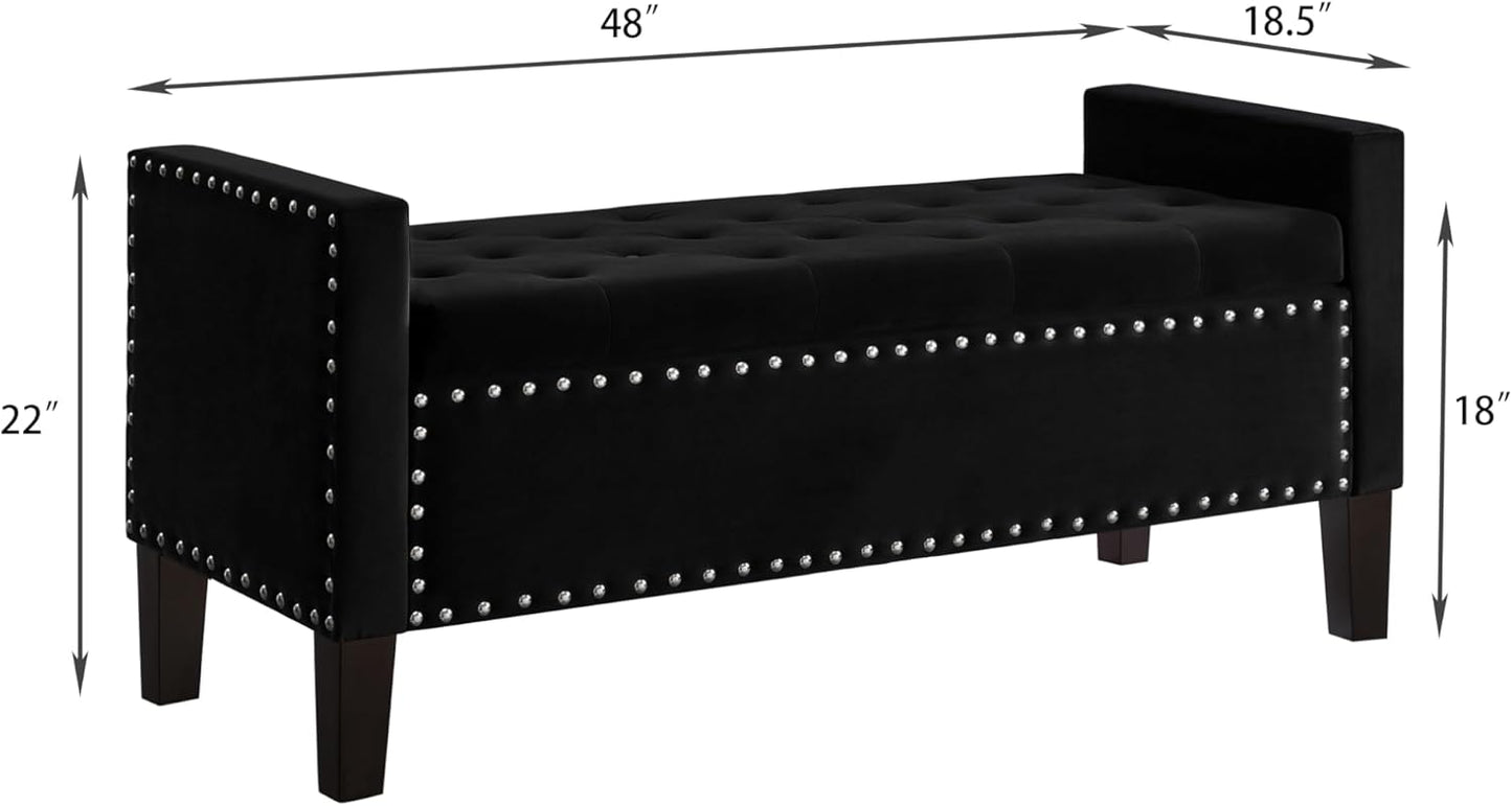 Velvet Storage Ottoman with Armrests and Nails Trim,Entryway Living Room Soft Padded Seat,Bed Bench Bedroom End of Bed,Black (48”L X 18.5” W X 22” H)