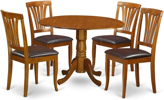 East West Furniture DLAV5-SBR-LC 5 Piece Dining Room Table Set Includes a Round Kitchen Table with Dropleaf and 4 Faux Leather Upholstered Dining Chairs, 42x42 Inch, Saddle Brown