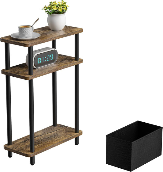 Narrow Side Table with Fabric Basket, 7" Wide, 3 Tier Skinny End Table with Wood Legs, Slim Nightstand/Bedside Table for Small Spaces, with Adjustable Feet, 15.7" L x 23" H