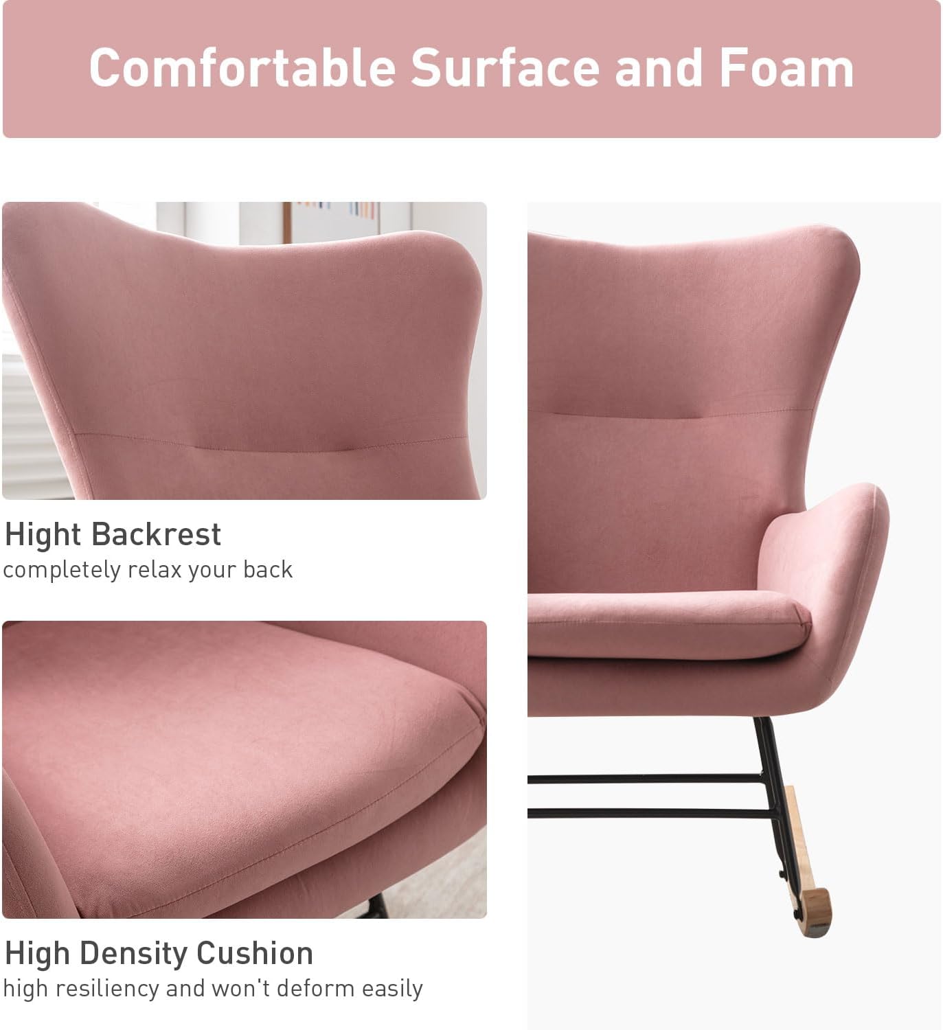 Phoenix Home Rocking Chair Nursery Velvet Upholstered Glider Rocker Rocking Accent Chair Padded Seat with High Backrest Armchair Comfy Side Chair for Living Room Bedroom Offices, Pink