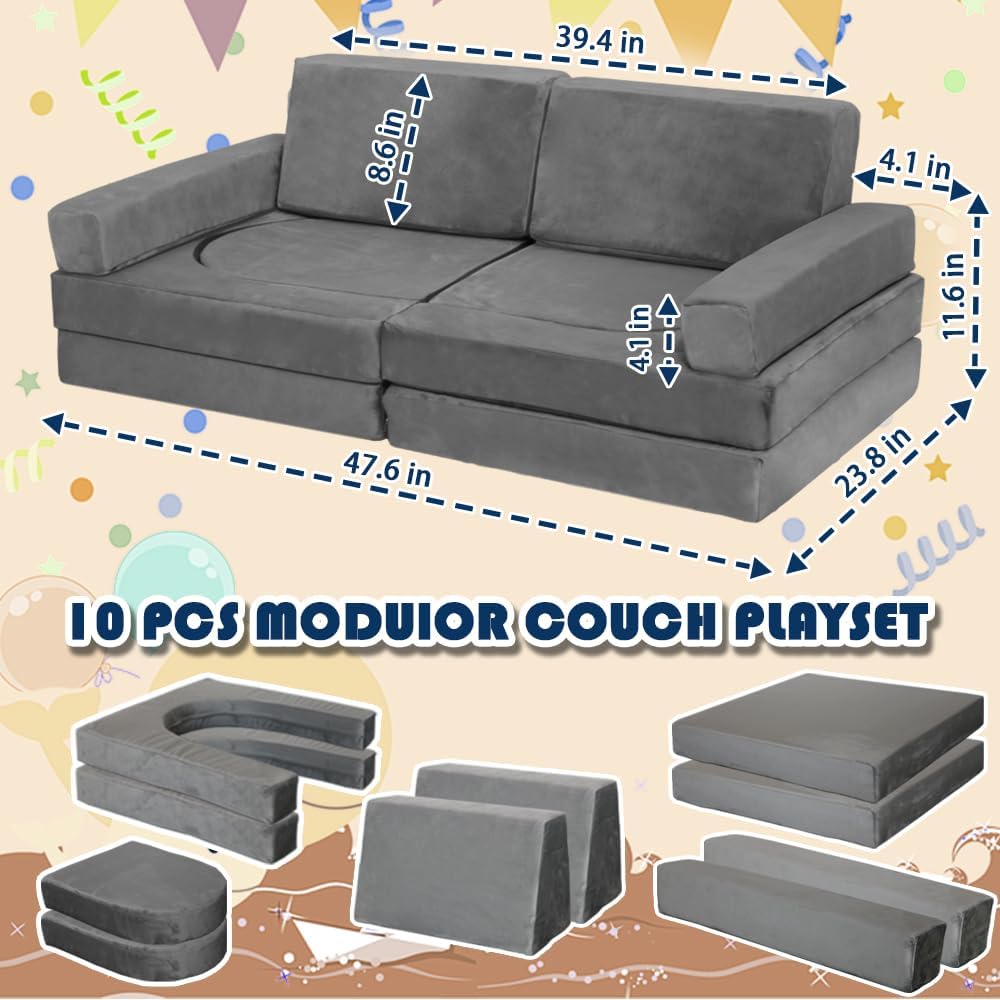 Modular Kids Play Couch Convertible Toddler Building Fort Sofa and Cushion 10Pcs Child DIY Floor Sofa for Sleeping Playroom Bedroom for Boys and Girls (Dark Gray)