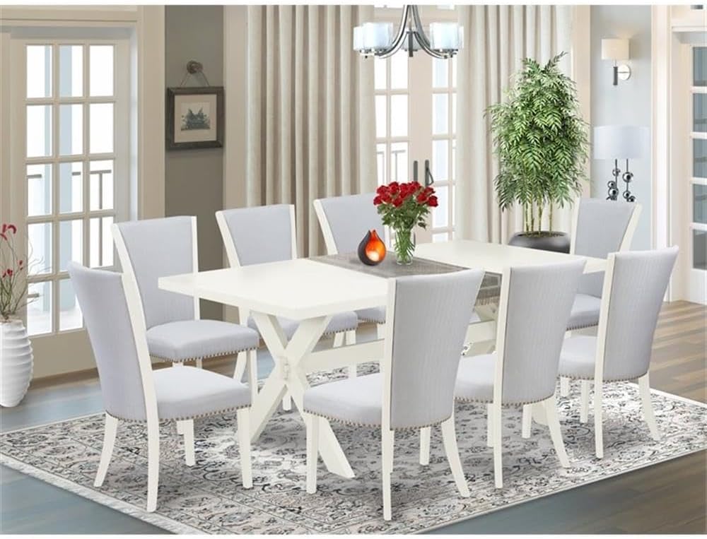 East West Furniture X027VE005-9 9 Piece Dining Room Table Set Includes a Rectangle Kitchen Table with X-Legs and 8 Grey Linen Fabric Parson Dining Chairs, 40x72 Inch, Multi-Color