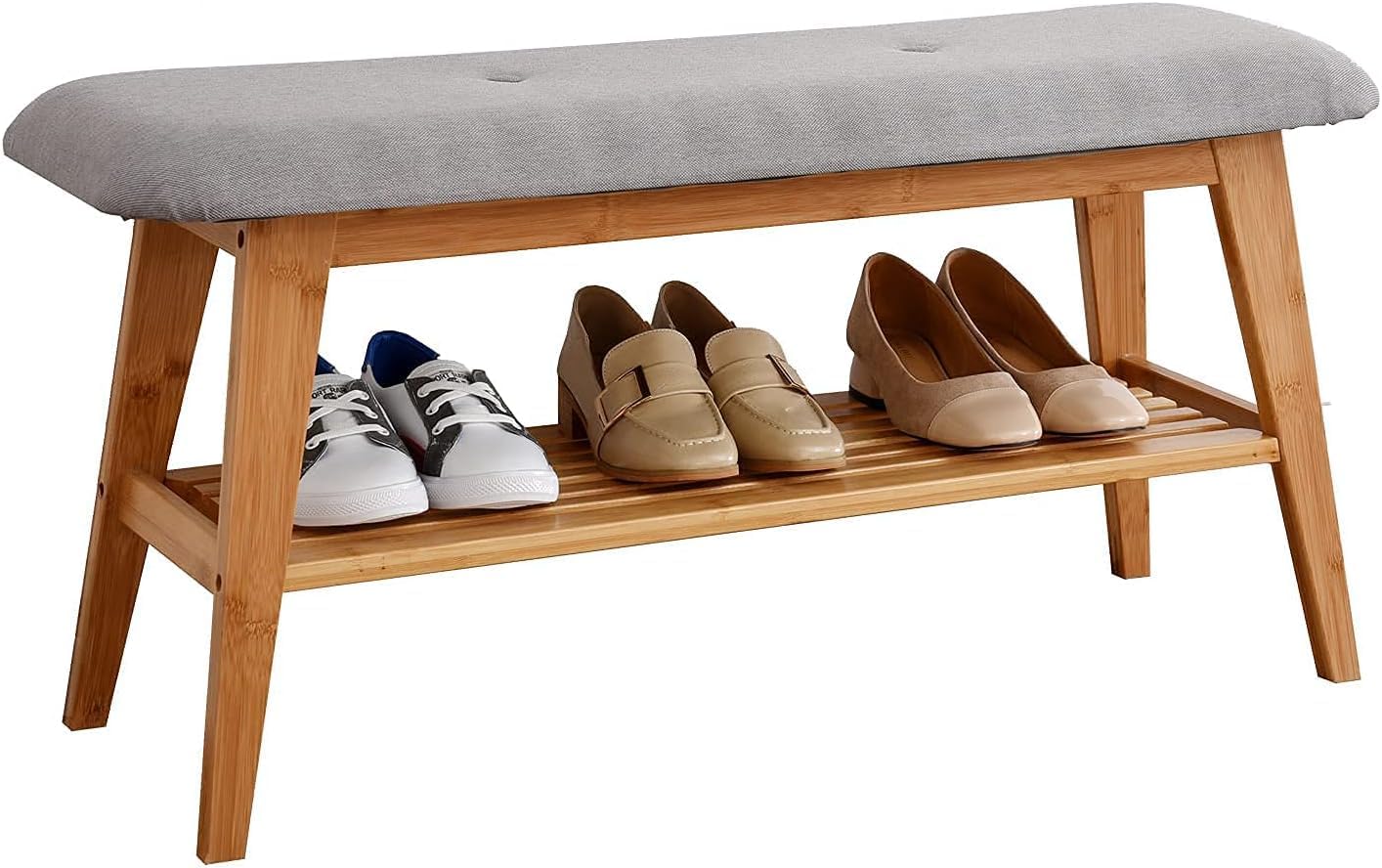 Bamboo Shoe Bench, Entryway Bench, 2 Tier Shoe Rack Bench (Nature,35.4'')