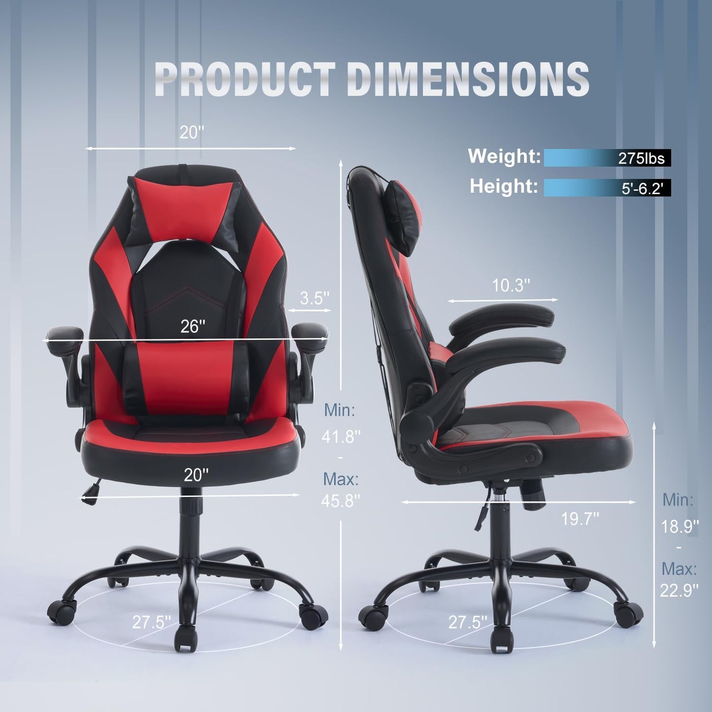 OLIXIS Computer Gaming Desk Chair - Ergonomic Video Game with Comfy Lumbar Support and headrest, PU Leather with Flip-up Arms, Adjustable Height and Swivel Wheels, for Adults, Red