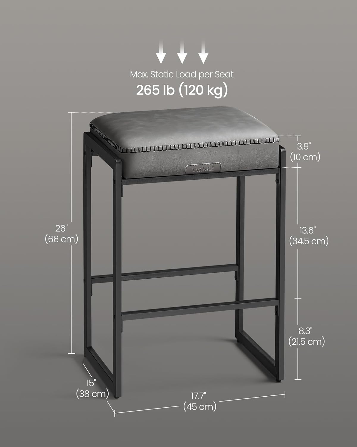 VASAGLE EKHO Collection - Bar Stools Set of 2, Counter Height Bar Stools, Synthetic Leather with Stitching, Mid-Century Modern Counter Stools, 26-Inch Tall, Kichen Home Bar Dining Room, Dove Gray