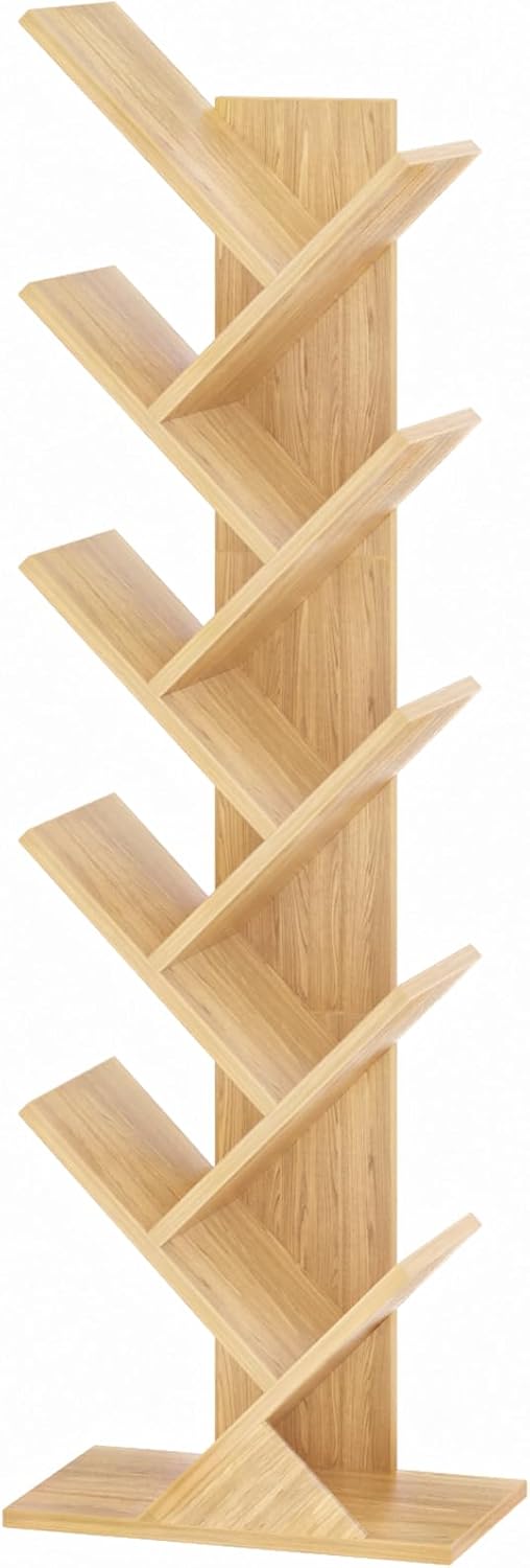 10 Tier Tree Book Shelf, Floor Standing Wood Bookshelf for Narrow Space, Storage Organizer Bookshelves for Books/CDs/Magazine, Bookcase with Shelves for Home Office, Living Room - Natural