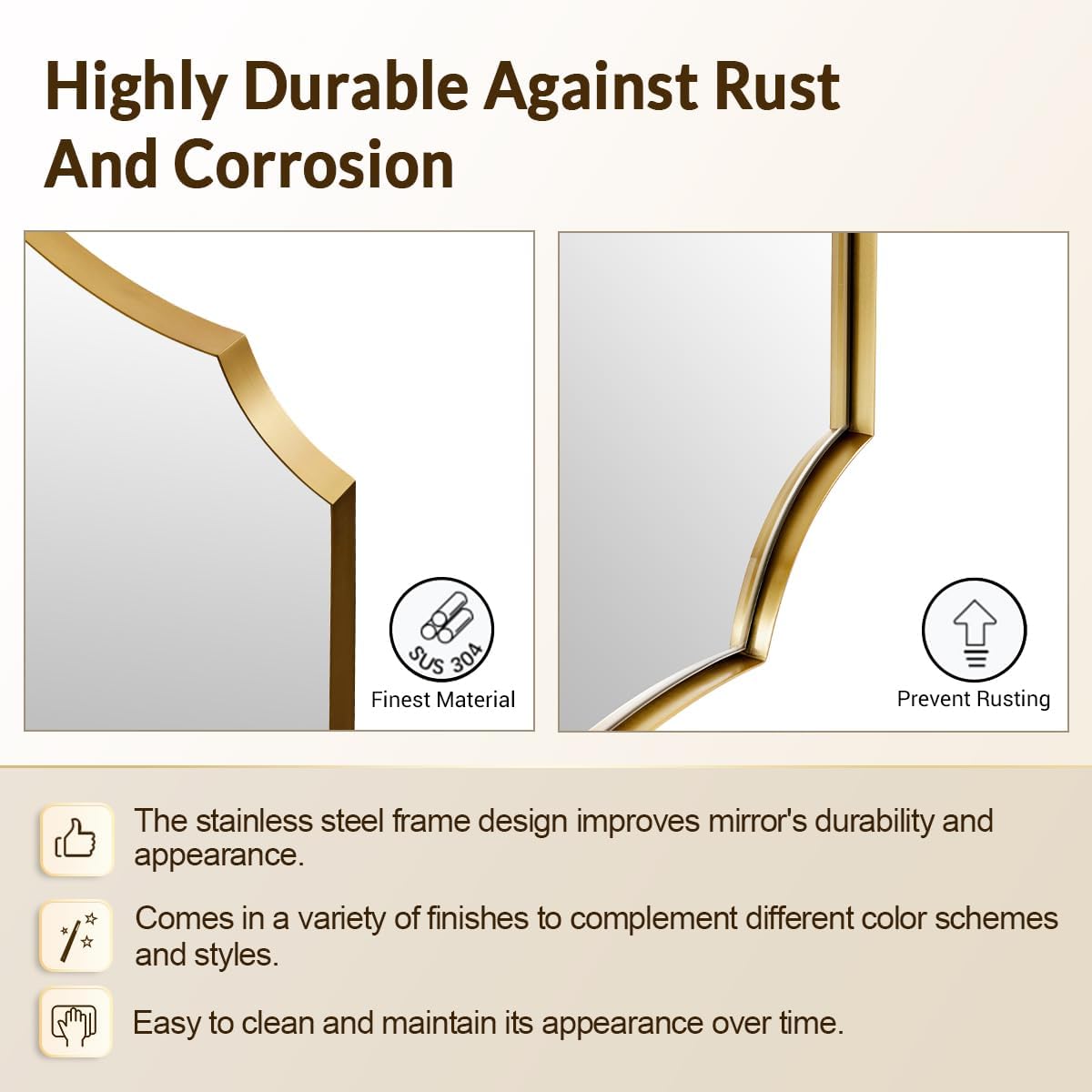 Gold Bathroom Mirror, 24"x40" Gold Asymmetrical Mirror with Scalloped Edge Design, Curved Mirror in Anti-Rust SUS304, Thin Metal Framed, 1" Deep Wall Mounted Vertically/Horizontal