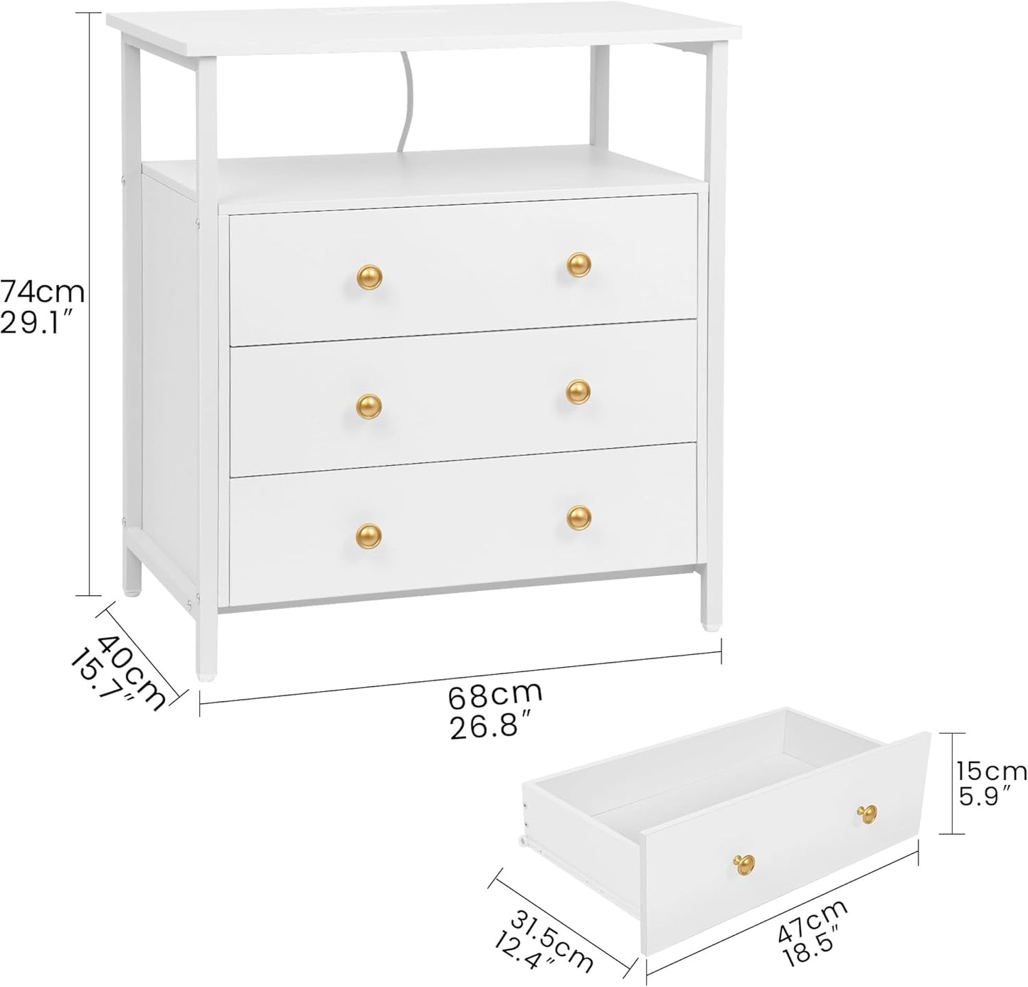 3 Wooden Drawers Nightstand, 27 Inch Wide Night Stand Set 2 with Charging Station and Adjustable Drawers, Bedside Table for Living Room/Bedroom/Office, White.
