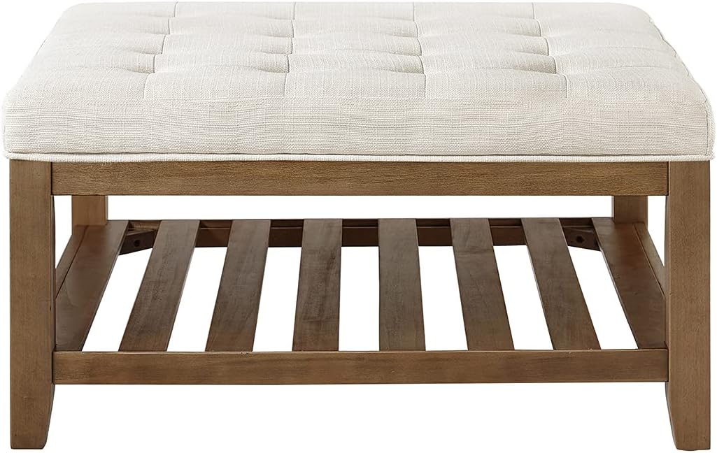 24KF Large Square Upholstered Tufted Linen Ottoman Coffee Table, Large Footrest Ottoman with Solid Wood Shelf-Ivory