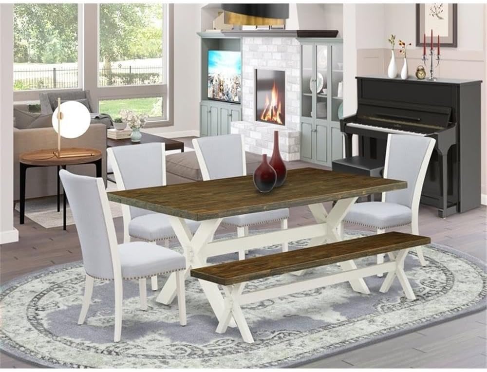 East West Furniture X077VE005-6 6 Piece Modern Dining Table Set Contains a Rectangle Wooden Table with X-Legs and 4 Grey Linen Fabric Parson Chairs with a Bench, 40x72 Inch, Multi-Color