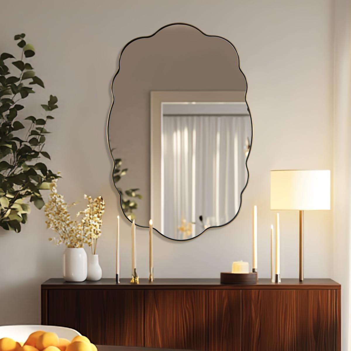 ANDY STAR Brushed Gold Scalloped Mirror - 22x30 Inch Bathroom Mirror, Vintage Oval Vanity Mirror, Rust-Proof Anti Rust Stainless Steel Wall Mount Horizontal or Vertical