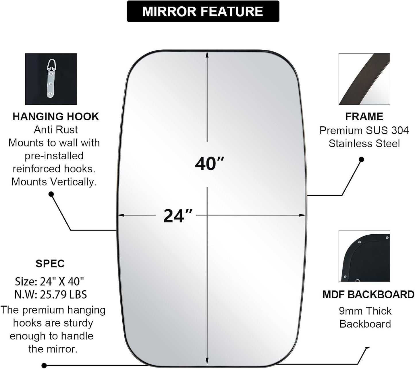 ANDY STAR Bronze Bathroom Mirror, 24x40 Inch Bronze Oval Mirror for Bathroom with Stainless Steel Metal Frame, Oblong Mirror for Bathroom, Living Room, Entryway