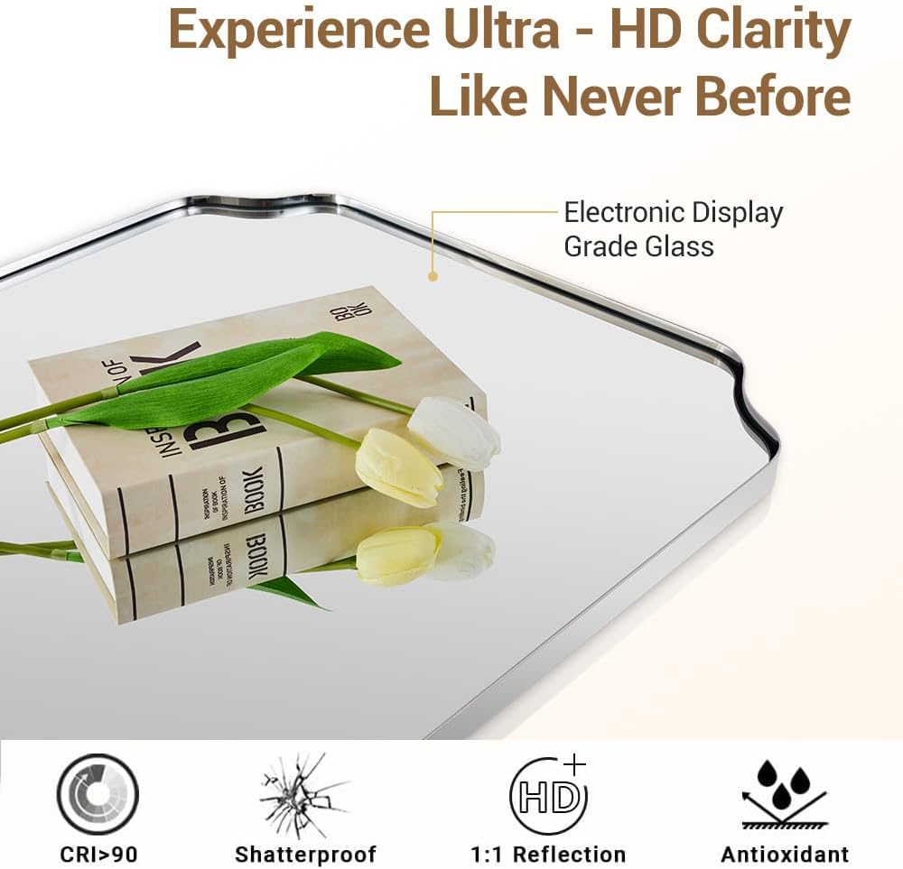 ANDY STAR Chrome Bathroom Mirror, 30x40 Inch Polished Chrome Rectangle Mirror, Scalloped Mirror for Bathroom, Anti-Rust Stainless Steel Metal Frame 1’’, Unique Shape Ideal for Home Remodel