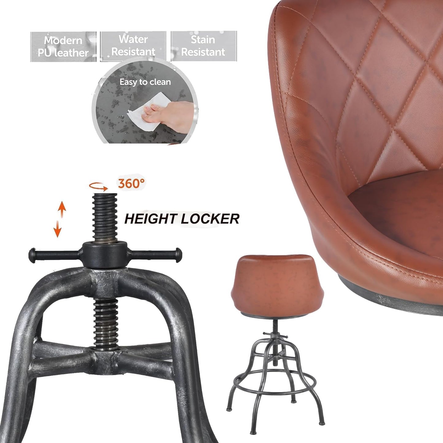 Diwhy Industrial Counter Stool, 22.44"-27.17" Adjustable Height PU Backrest Seat Bar Stool, Vintage Kitchen Dining Chair with Footrest, for Kitchen, Dining Side Chair, Bistro, Brown Leather