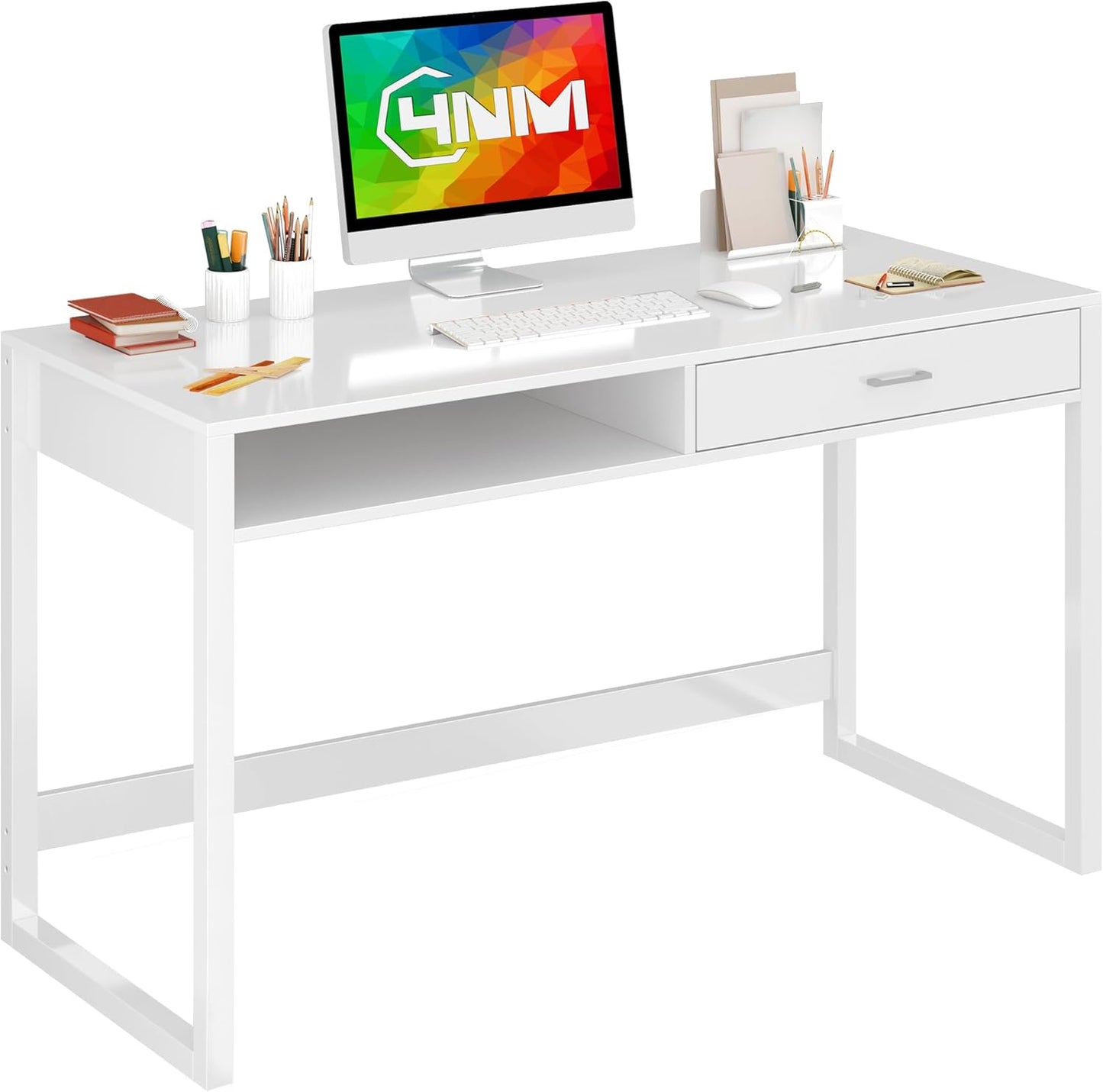 4NM 43.3" Computer Desk with Drawer, Morden White Home Office Desk, Study Writing Table with Storage for Small Spaces,Vanity Desk Makeup Table for Bedroom- White