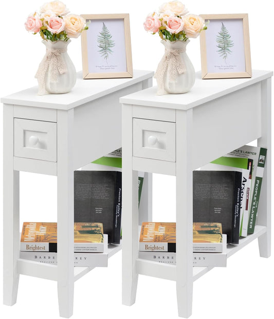 Narrow Side Table for Small Spaces, White Side Table with Drawer, Slim Bed Side Table/Night Stand Set of 2, Couch Side Table