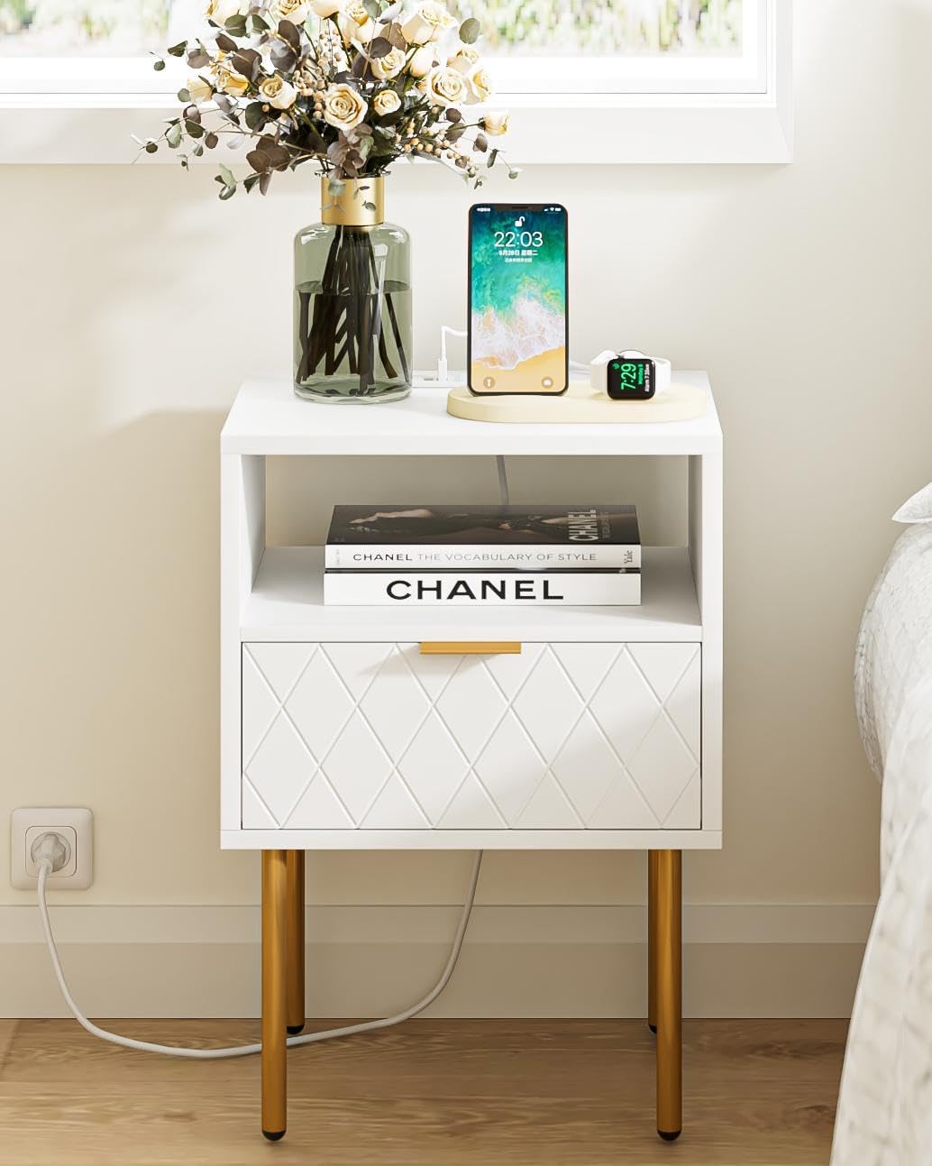 Nightstand,Morden Bedside Table with Gold Frame,Small White Night Stand,End Table,Bedside Furniture,Side Table with Drawer and Shelf for Bedroom,Living Room (1Drawer, White-Outlet-pane)