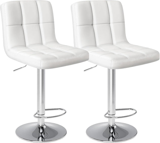 Sweetcrispy Bar Stools Set of 2, Armless PU Leather Adjustable Swivel Barstools, Hydraulic Kitchen Counter Height Thickened Seat Cushion Square Island Countertop Chairs with Back - White