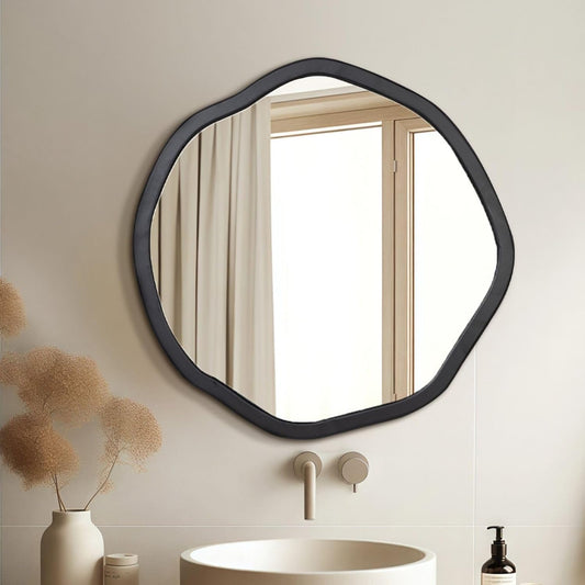 ULIKE Round Wood Mirror, 30 Inch Black Asymmetrical Circle Vanity Mirror with Wood Frame, Modern Decorative Wall Mount for Bathroom Bedroom Living Room Entryway
