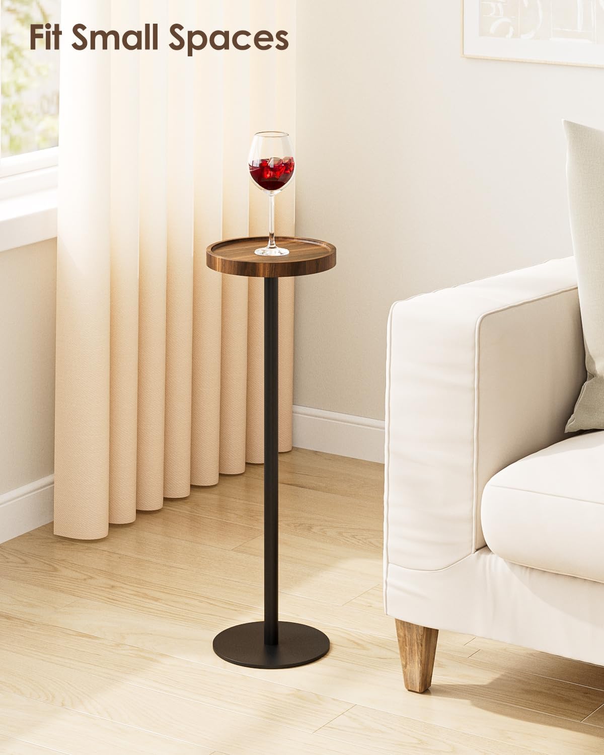 Drink Table, Small Pedestal Side Table, Round Cocktail Table, Circle Accent End Table with Metal Base, for Small Spaces (1, Brown Walnut)