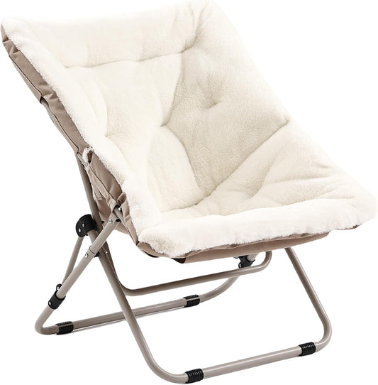 Living Room Chair, Soft Faux Fur Folded Chair Oversized Folding Accent Chair, Furry Lounge Lazy Chair, Metal Frame Moon Chair for Bedroom, Living Room