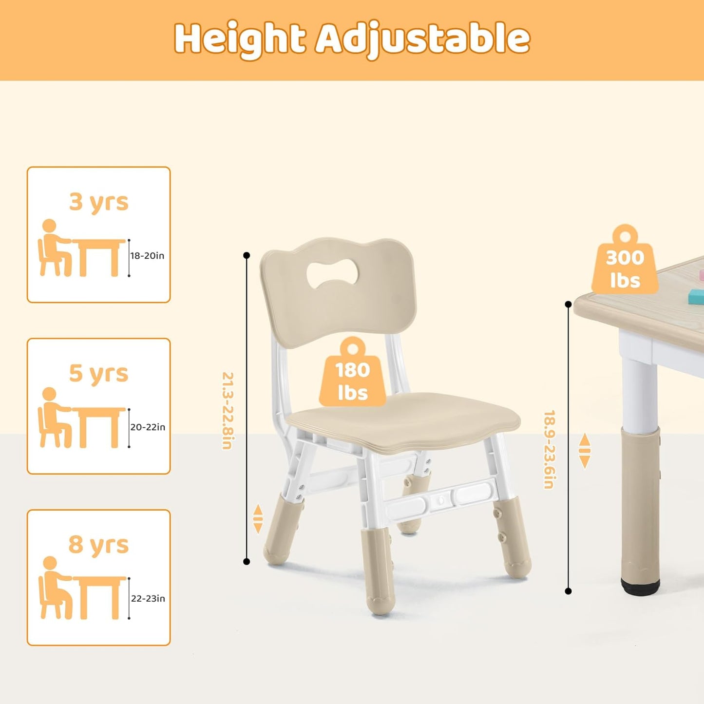 Kids Table & Chairs Set (2 Chairs) Height Adjustable for Ages 2-8 | Non-Slip Toddler Activity Table with Wipe-Clean Desktop, Montessori Learning & Art Drawing Table for Home Preschool