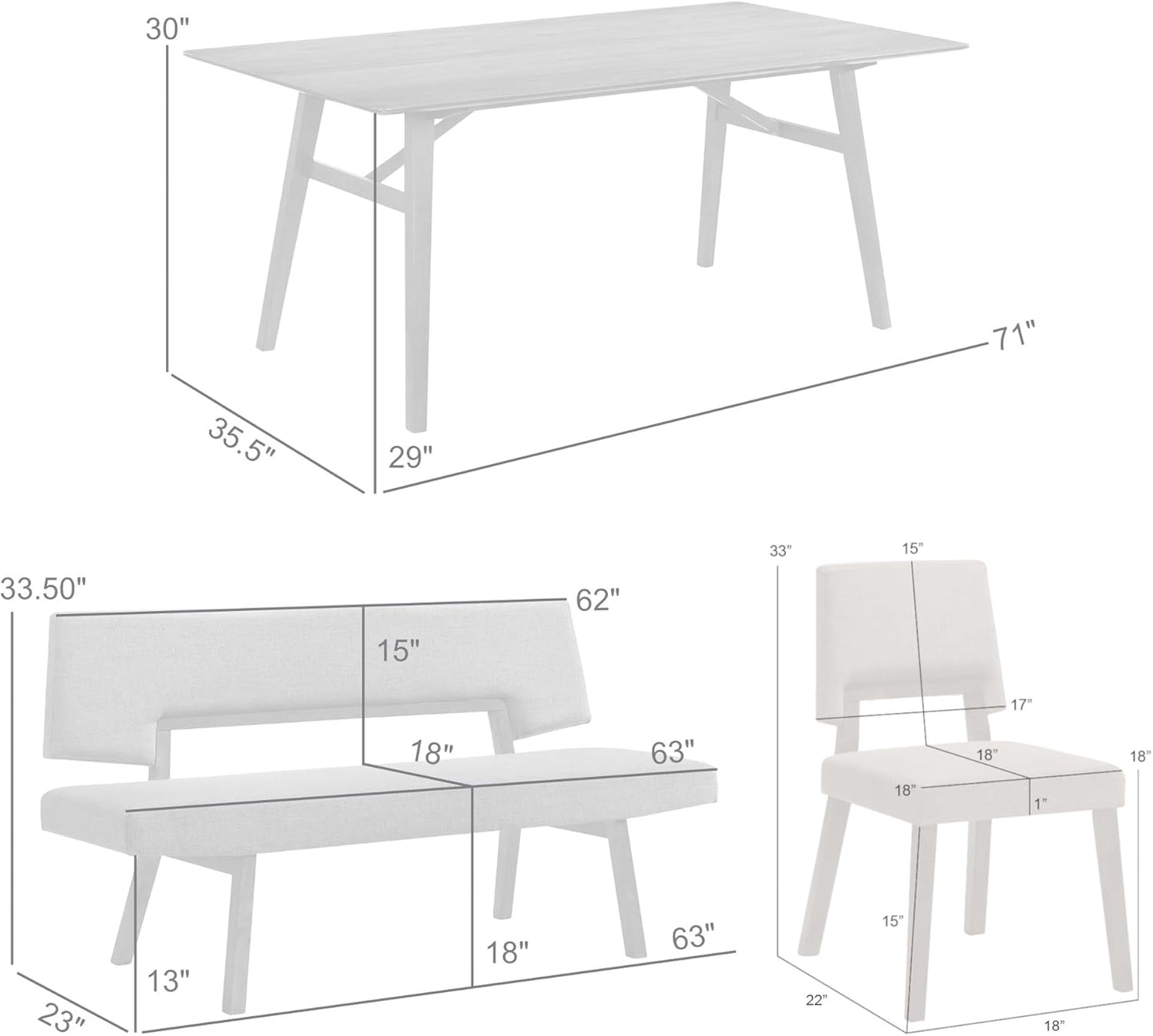Armen Living Channell Mid Century Modern 6 Piece Walnut Wood Dining Table Set with Bench in Blue Fabric