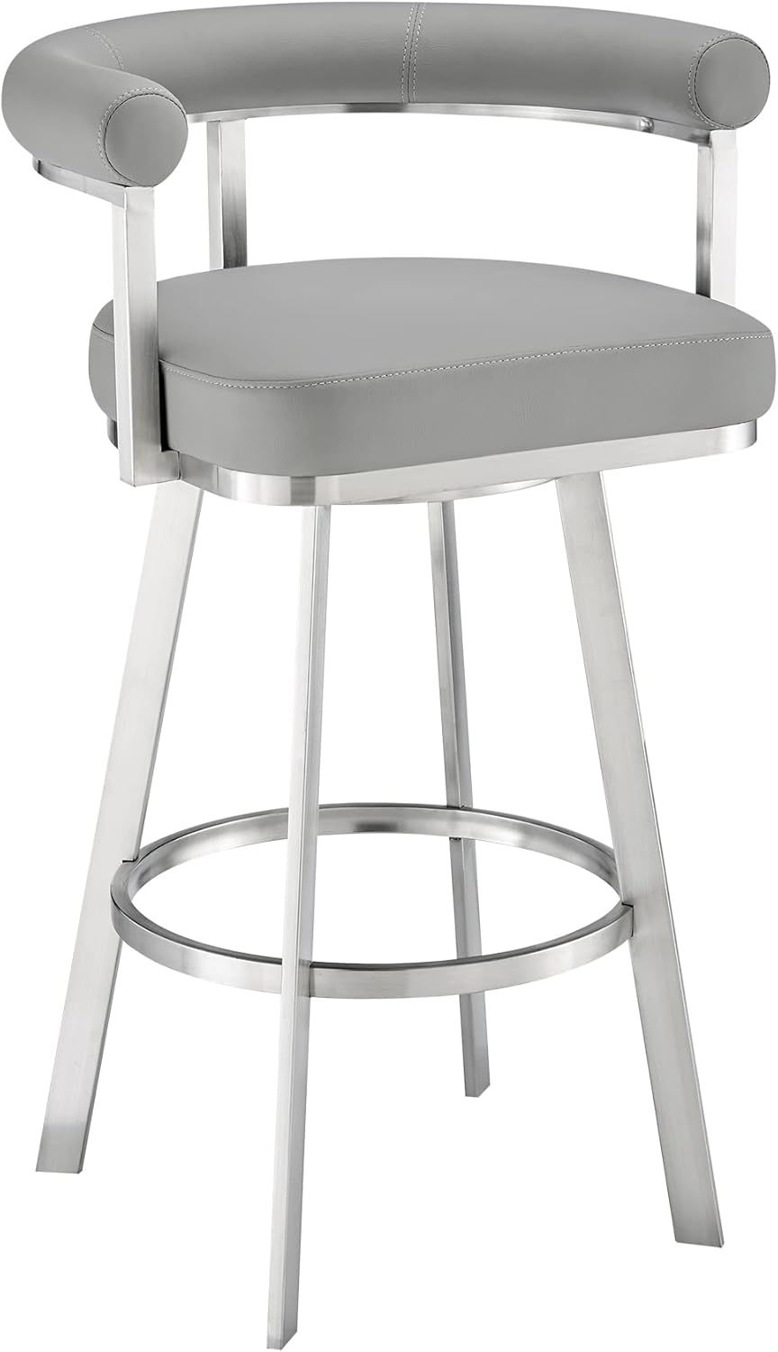 Armen Living Magnolia Swivel Bar Stool in Brushed Stainless Steel with Light Grey Faux Leather