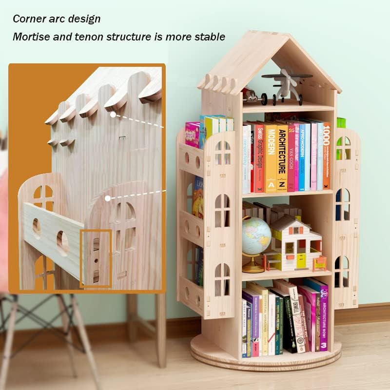 Rotating Bookshelf, 360 Display Floor Standing Bookcase Storage Rack, Wood Storage Organizer for Kids