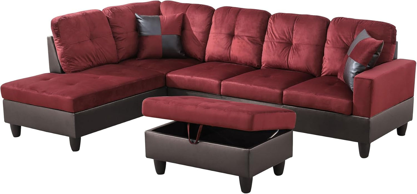 L Shaped Couch Modern Sectional Couch Upholstered Flannel Fabric 3 Pieces Sofas for Living Room with Chaise, Storage Ottoman for Office and Small Apartment, Red