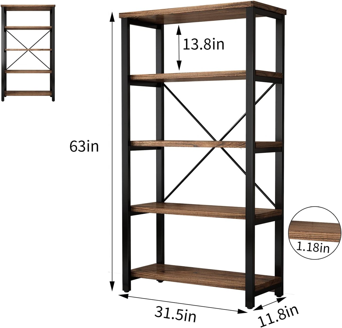 5 Tier Industrial Solid Wood Bookshelf, Open Etagere Bookcase with Metal Frame, Vintage Industrial Style Bookcase/Metal and Wood Bookshelf Furniture (AY01-5tier)