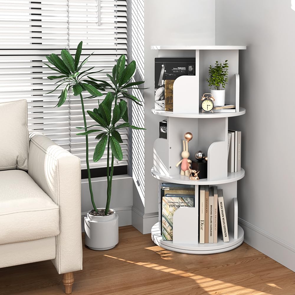 Nidouillet Rotating Bookshelf, Revolving Bookcase 360 Display Round Bookshelf Narrow Swivel Corner Book Shelf Standing Bookcase for Adult Bedroom, Living Room (White, 3 Tier)